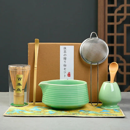 Matcha Set Kit Japanese Ceremony Green/Pink/White With Bamboo Spoon/Scoop, Whisk Holder, Matcha Bowl Matcha Gift Set