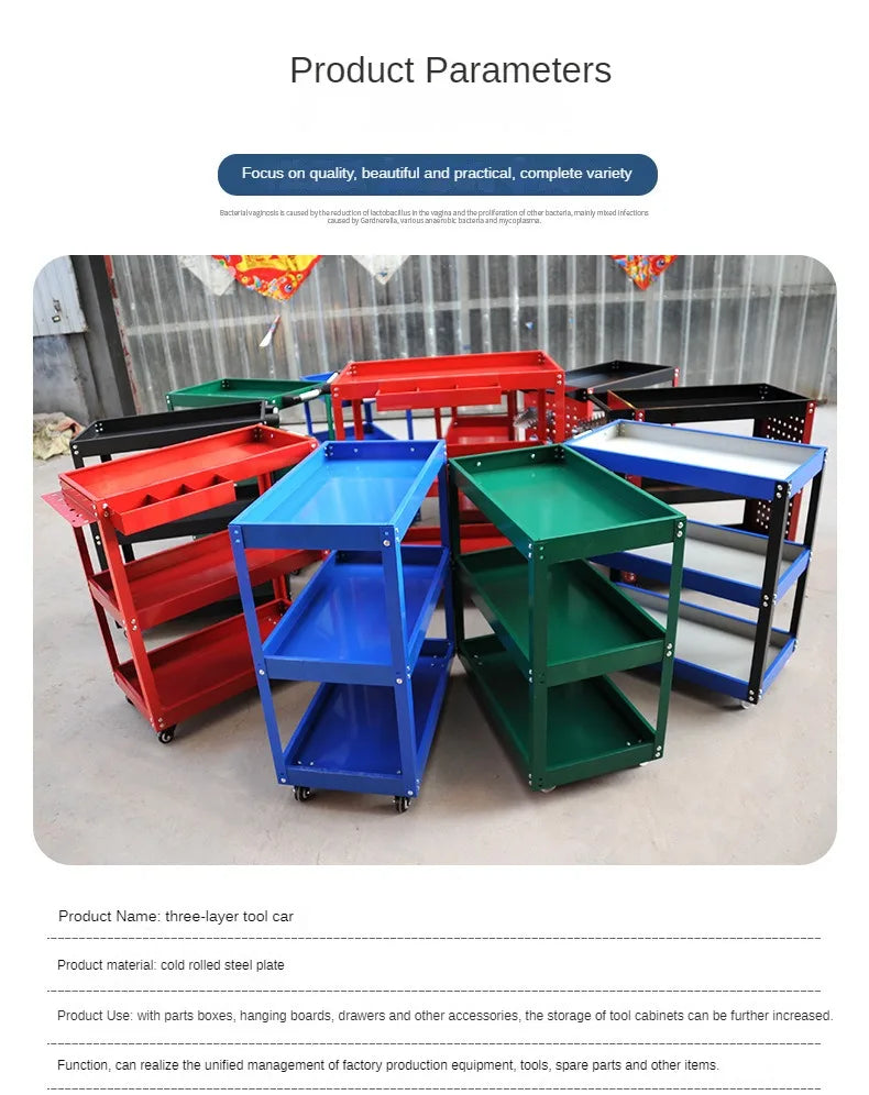 Mechanical Workshop Tools with Wheels, Tool Carts 3-layer Mobile Tool Car, Multifunctional and Heavy-duty Auto Repair Parts Car