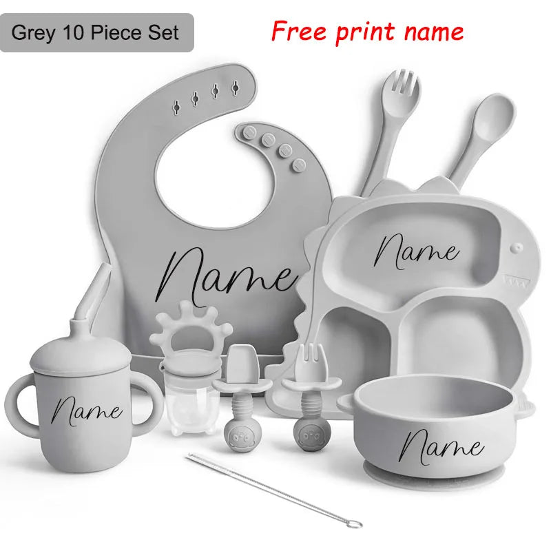 Baby Silicone Tableware Dinosaur Plate Dishes For Kids Personalized Name Baby Feeding Sets Fruit Feeder Baby Led Weaning Supplie