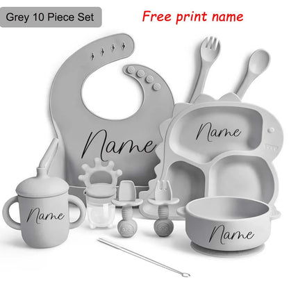 Baby Silicone Tableware Dinosaur Plate Dishes For Kids Personalized Name Baby Feeding Sets Fruit Feeder Baby Led Weaning Supplie