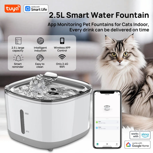 Cat Water Fountain, 2.5L/84oz Tuya Smart App Pet Water Fountain,Automatic Water Dispenser for Cats Inside with SUS304 Bowl