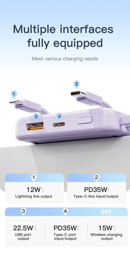 New Portable Built in Cables Magnetic Wireless Power Bank PD35W Fast Charging 20000mAh Large Capacity Powerbank for iPhone 16 15