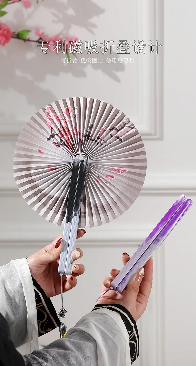 Magnetic Folding Round Fan Chinese Antique Style Dancer Hanfu Fan Student Gift Wedding Perform Dance Party Fan Photography Prop