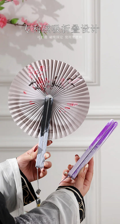 Magnetic Folding Round Fan Chinese Antique Style Dancer Hanfu Fan Student Gift Wedding Perform Dance Party Fan Photography Prop