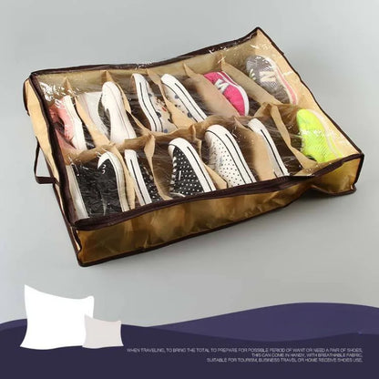Under Bed Shoe Organizer with 12 Transparent Compartments - Dustproof & Moisture-Proof Storage Solution for Home Organization