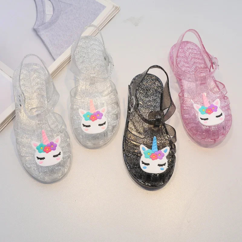 New Child Sandal Cute Girl Boy Beach Cave Shoe Transparent Glitter Jelly Crystal Kid Princes Shoe Breathable Roman Beach Sandal