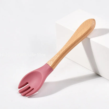 Baby Silicone Feeding Set with Wooden Handle Soft Training Spoon and Fork for Kids