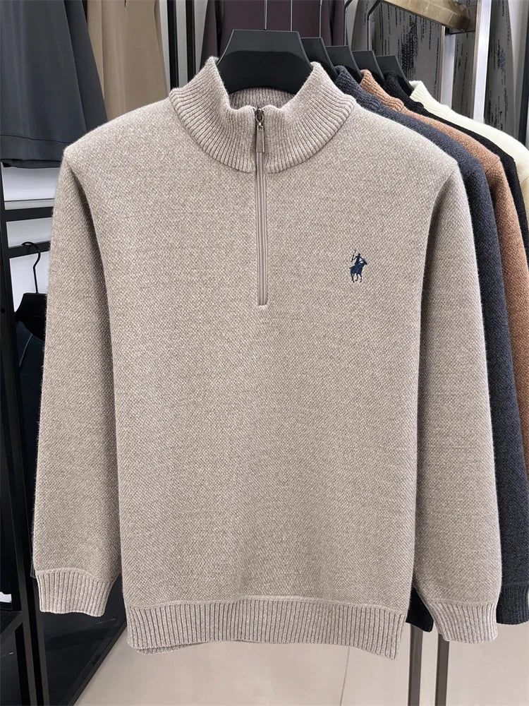 Winter Men's Ferret Fleece Embroidered Zipper Stand Up Collar Head Knitwear Plush Thick Soft Sweater  Mens Clothes  Pull Coreen