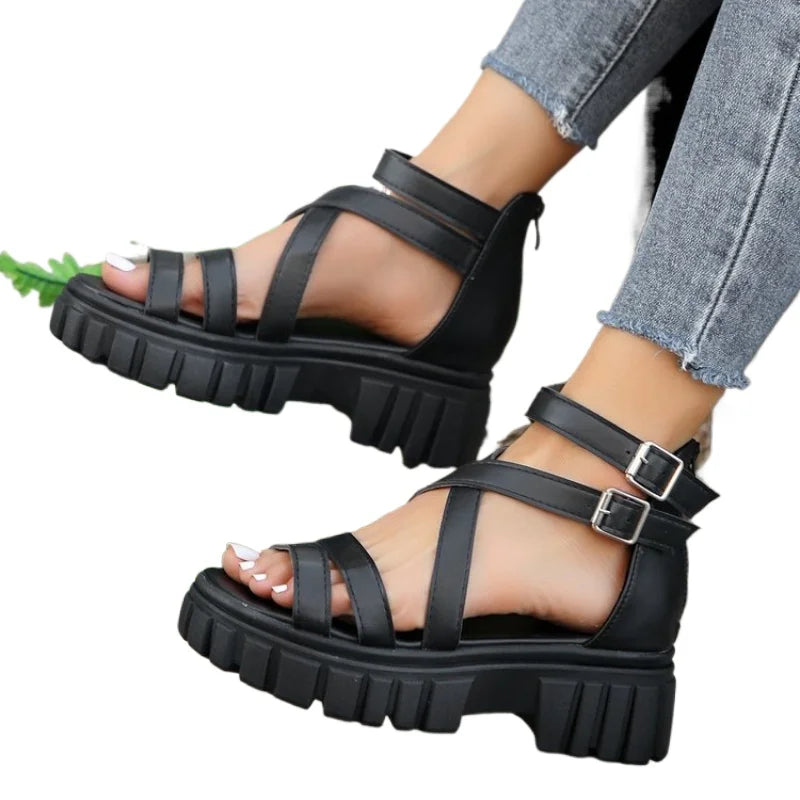 Chunky High Heels Roman Sandals for Women 2024 Summer Ankle Strap Plarform Sandals Woman Strap Thick Heeled Party Shoes