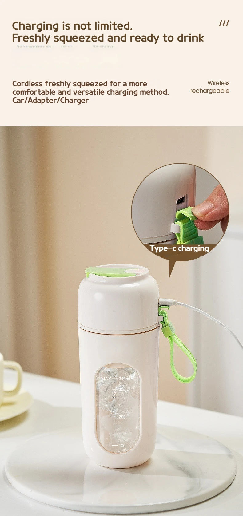 Portable Electric Blender Cup for Smoothies, Shaved Ice, and Juices - 12-Blade Stainless Steel with Wireless Charging Function