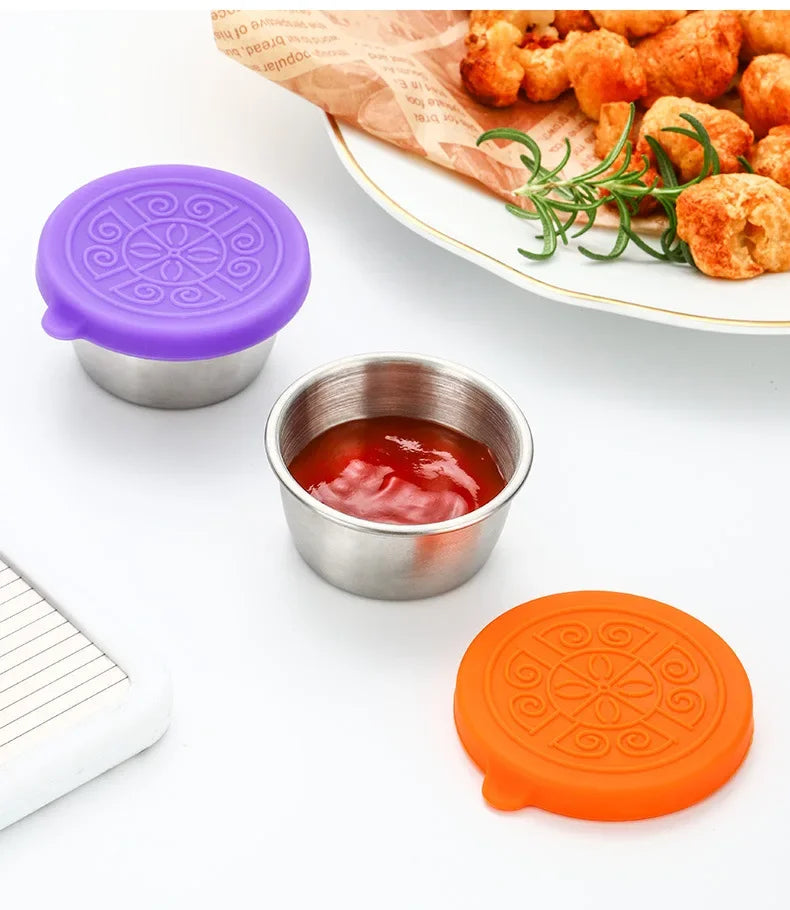 6 Pcs Set Leakproof Stainless Steel Dipping Sauce Cups Food Containers Reusable Salad Dressing Container Silicone Stretch Lids