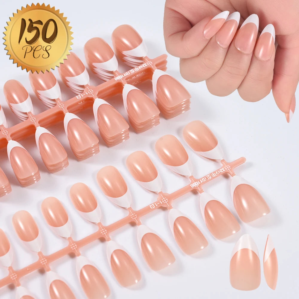 150Pcs Pre-made French False Nails Scarless Coffin Almond Fake Nail Artificial Fingernails Press on Nails for Nail Extension