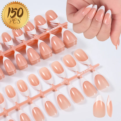 150Pcs Pre-made French False Nails Scarless Coffin Almond Fake Nail Artificial Fingernails Press on Nails for Nail Extension