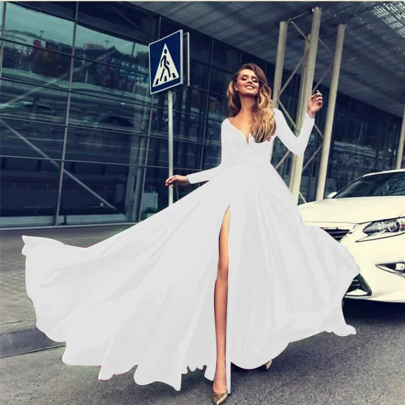 European American Wedding Dresses Wheat Dress Sexy Deep V Long Sleeved Sequined Dress Woman Party Solid Dress Maxi Floor Gowns