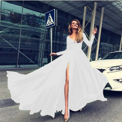 European American Wedding Dresses Wheat Dress Sexy Deep V Long Sleeved Sequined Dress Woman Party Solid Dress Maxi Floor Gowns