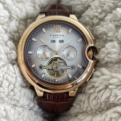 CASENO Fashion Trend Men's Blue Light Glass Night Light Scale Multi functional Fully Automatic Tourbillon Mechanical Watch 831BG