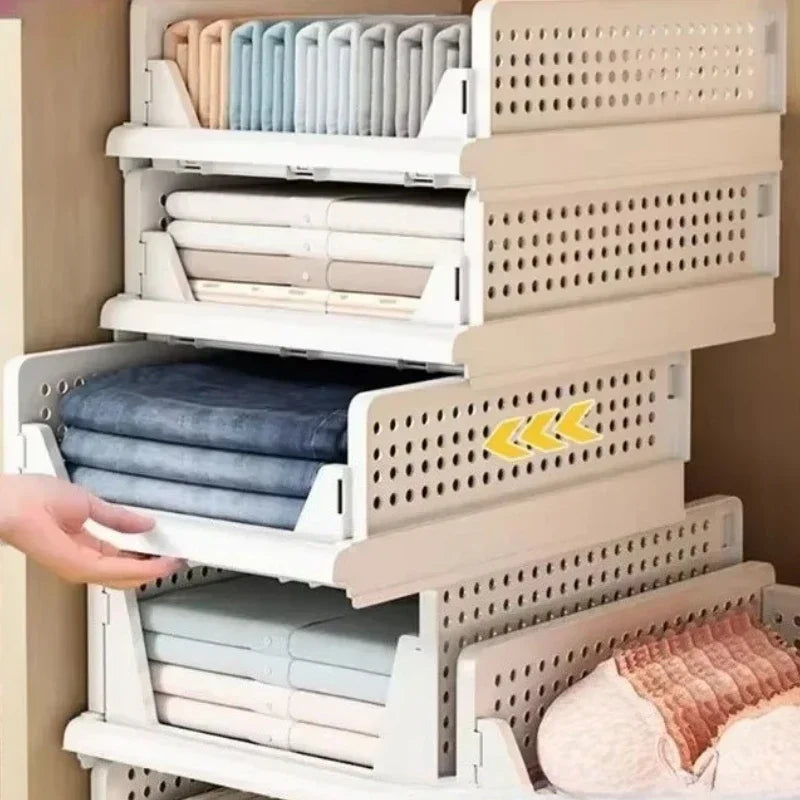 Stackable Clothes Storage Drawer Folding Plastic Organizer High-capacity Layered Partition Clothes Basket Household Storage Box