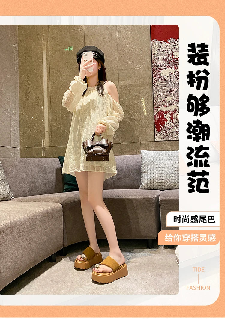 7cm Shiny Rhinestone High Platform Slippers Women Butterfiy-Knot Heels Chunky Sandals Woman Summer Thick Bottom Wedges Slides