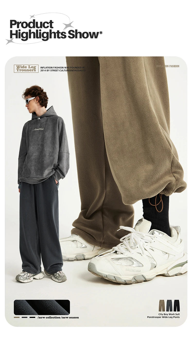INFLATION Winter Thick Fleece Straight Leg Pants Unisex Matching Velvet Warm Sweatpant Mens Trousers