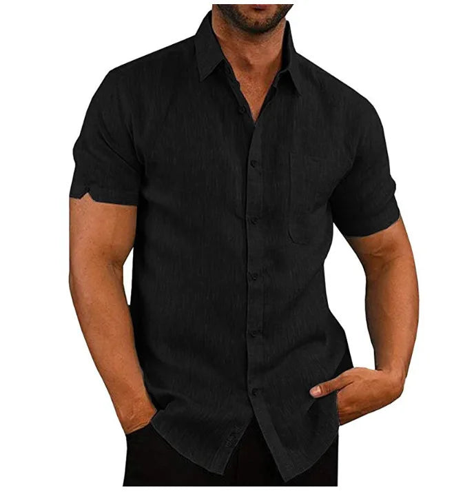 Men Pocket Blouse Tops Summer Male Turn Down Collar Button Short Sleeve Slim Solid Color Blouse Shirts YYCFS-19505