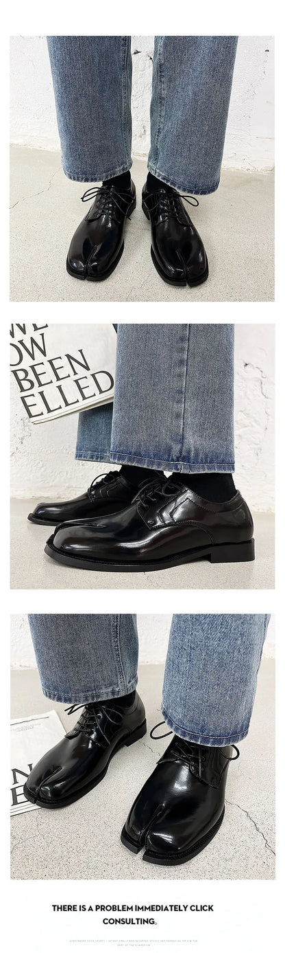 Horseshoe split toe couple leather shoes, Tabi shoes square toe cap unisex original design new Korean personality trend