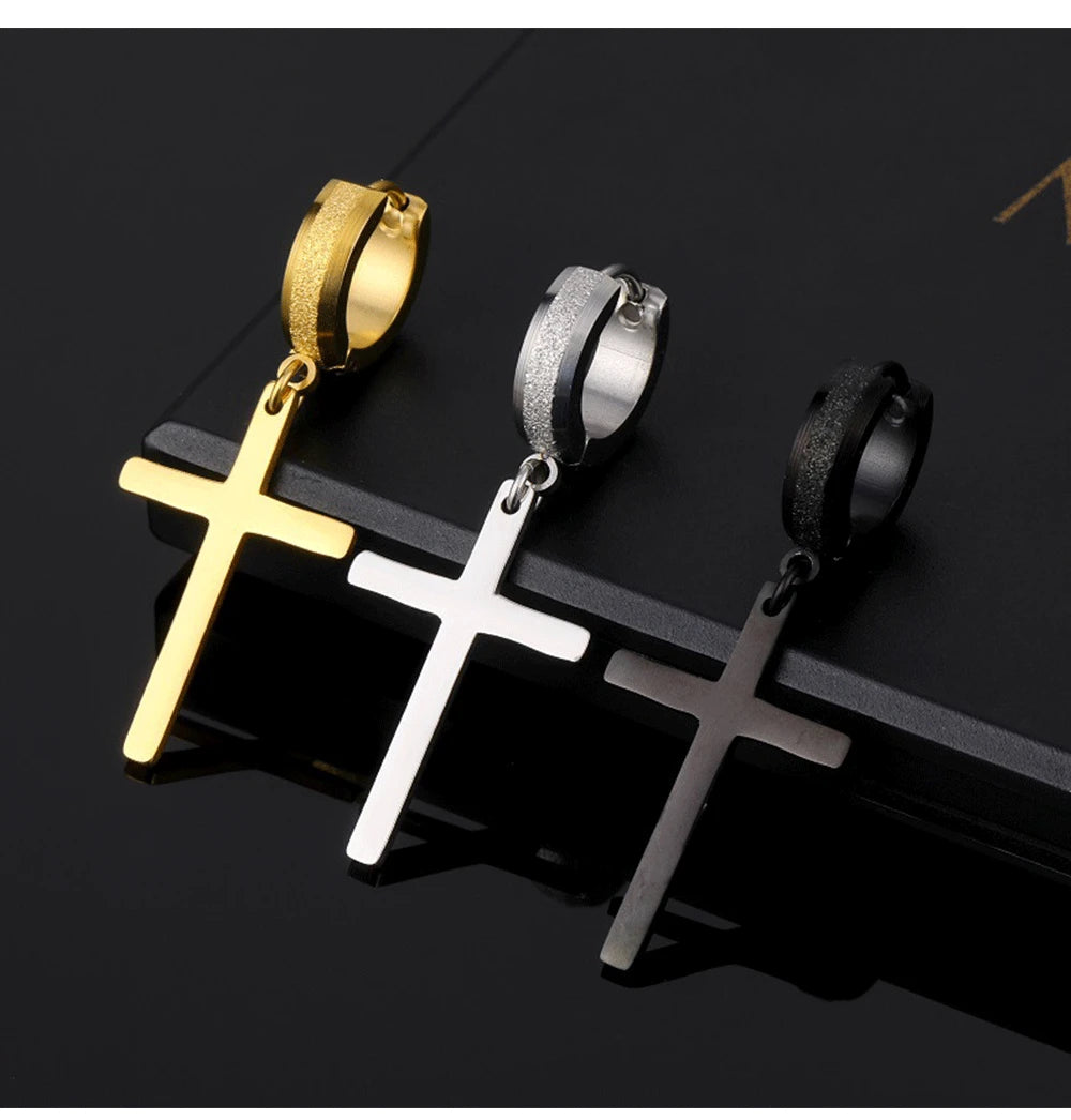 Punk Stainless Steel Frosting Hoop Earrings Design Women Men Pierced Cross Ear Jewelry Accessories Party Dangle Earring