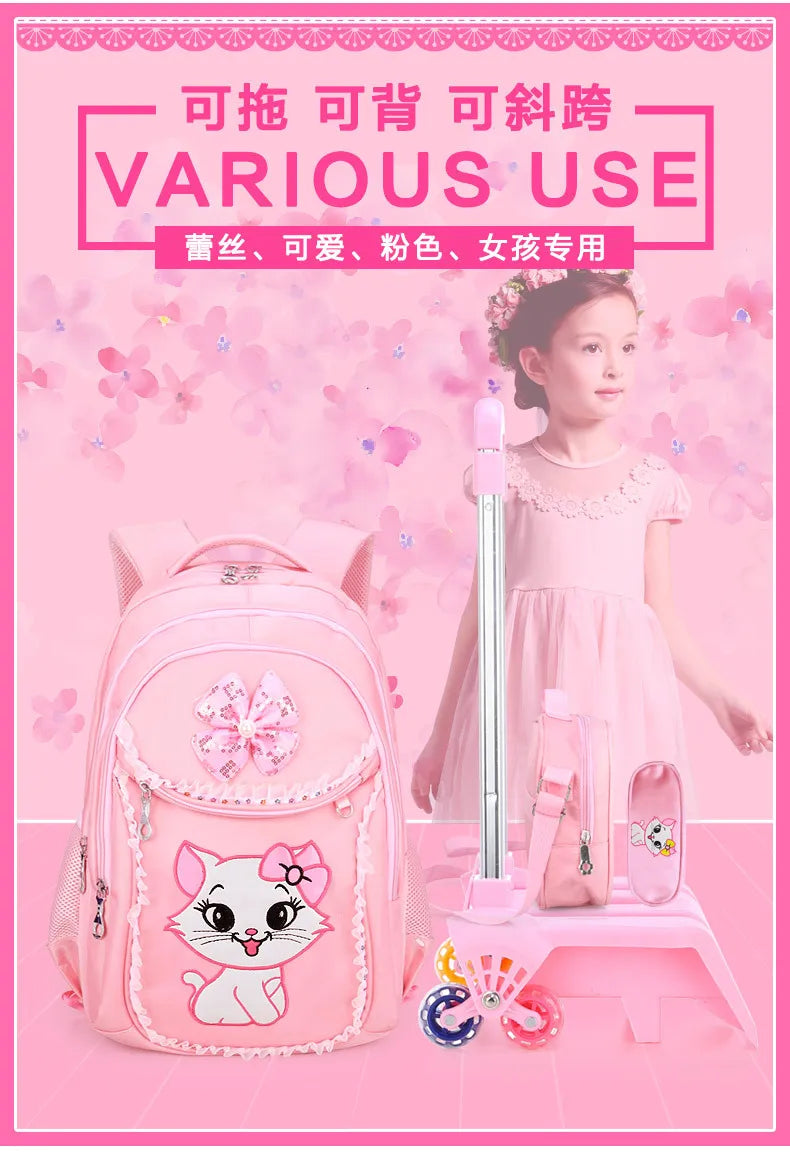 Children School backpack for Girls Cute Cat School Students Backpack For Kids Wheeled Backpack Bag Trolley School Bags On Wheels