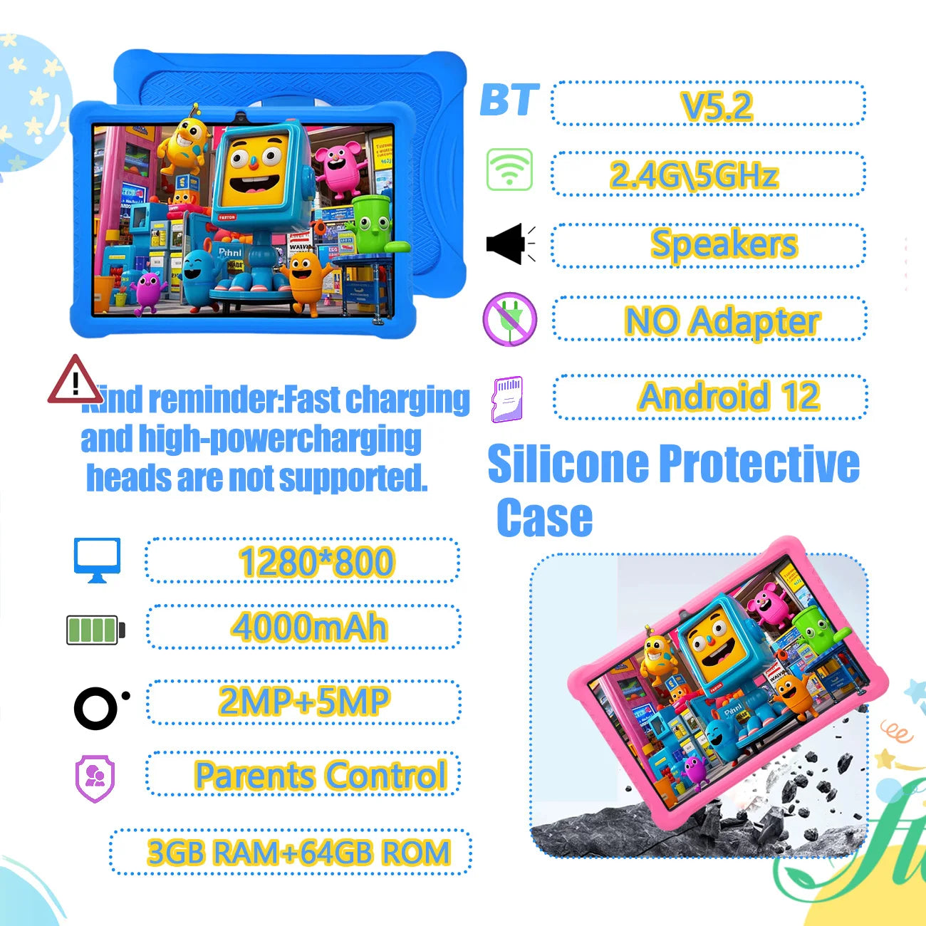 Cartoon Pattern Kids Tablet 10.1 Inch Android Learning Education Games Tablets, with Parent Control , Children's Gifts