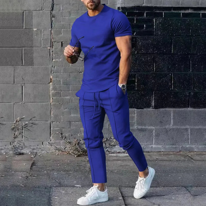 Sports Set Mens Fall 2023 Summer Solid Casual Round Neck Short Sleeve Sports T-shirt Two Piece Set for Men