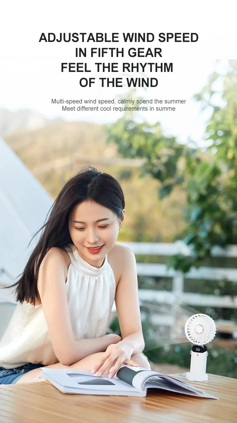 Portable mini fan that can be folded and hung around the neck, 5-speed USB charging fan, supporting phone and display screen,