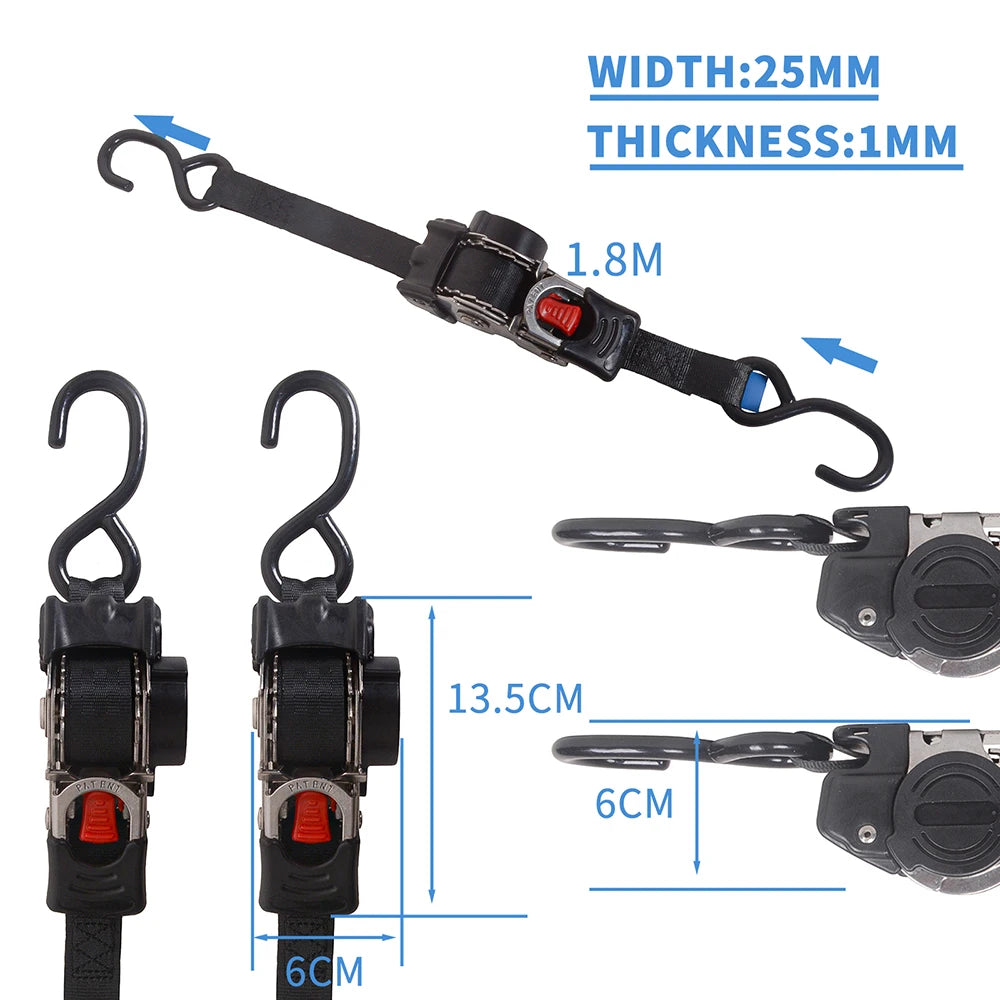 Single Hook / Double Hook Stainless Steel Auto Retractable Universal Easy To Carry Ratchet Tie Down Starp S-Hooks Trailer Towing