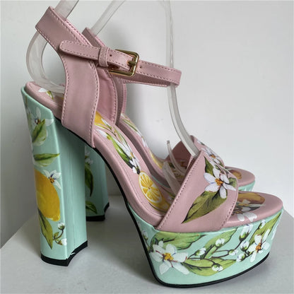2025 Print Flower High Platform Sandals Women Chunky Heel Genuine Leather Ankle Strap Party Shoes Summer