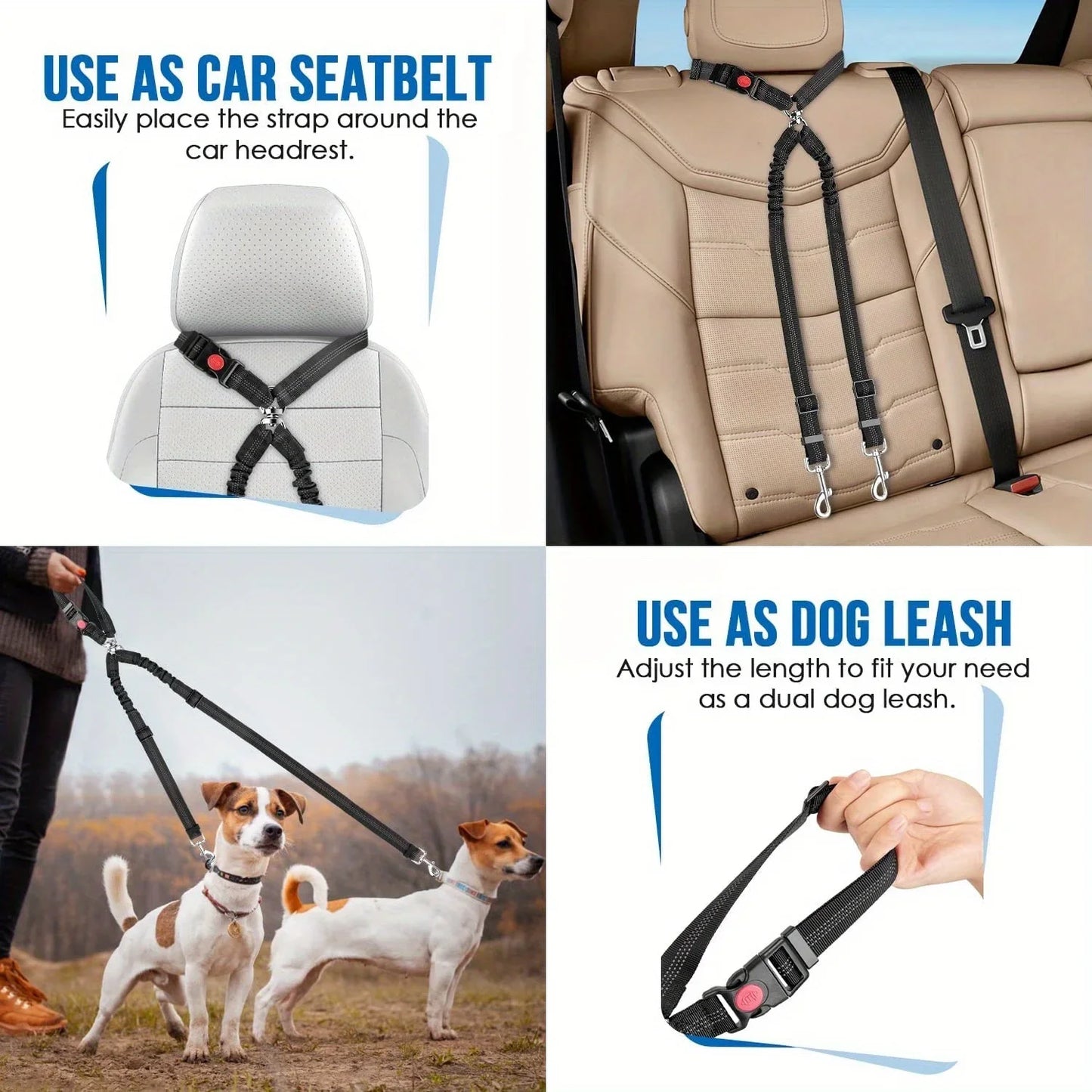 Double Dog Car Harness Safety Seatbelt Adjustable Pet Travel Restraint for 2 Dogs Heavy Duty Crash Tested Elastic Splitter Headr