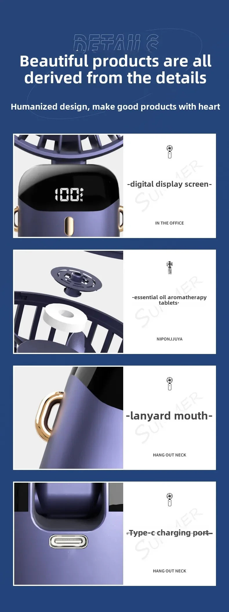 Handheld Fan with Digital Display, Foldable Fan Neck Hanging Fan, USB Charging Mini Fan Suitable for Outdoor Use in Offices