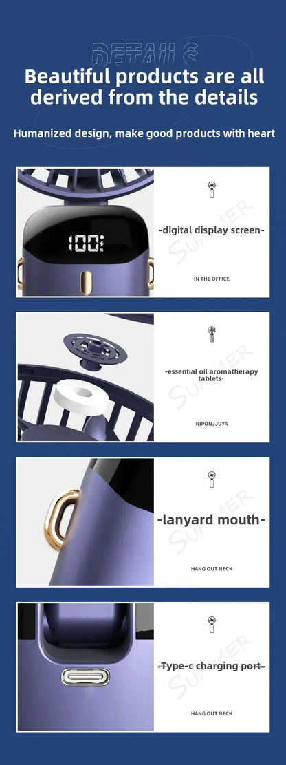 Handheld Fan with Digital Display, Foldable Fan Neck Hanging Fan, USB Charging Mini Fan Suitable for Outdoor Use in Offices