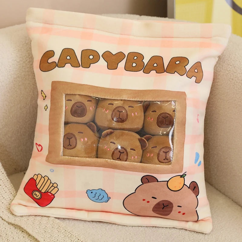 A Plushies Bag Pudding Toys Puff Balls Mini Cute Stuffed Animal Capybara Doll Removable Set Plush Pillow Snack Cushion Kids Gift