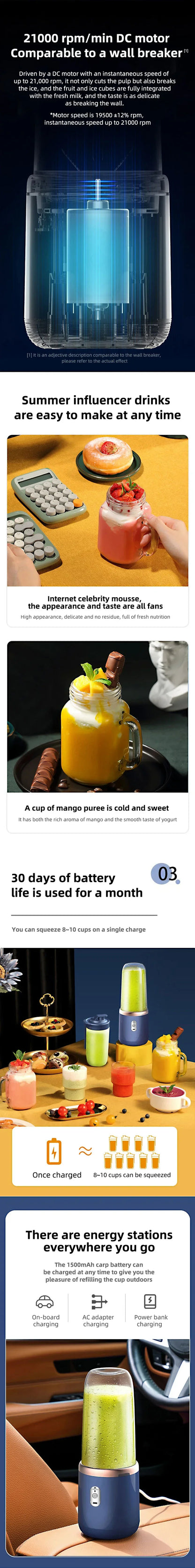 Portable Juicer Blender 14oz for Lemon Orange Fruit Juicing Cup Smoothie Blender Machine 1/2cups with 6 Blades USB Rechargeable