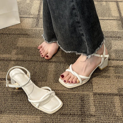 Sandals, 2024 Summer New Fashion Gentle Retro Chunky Non-slip Sandals, A Line with 5cm High Heels Summer Beach Sandals