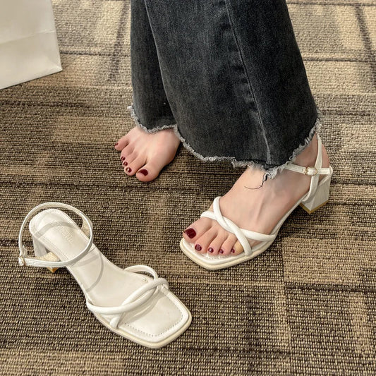 Sandals, 2024 Summer New Fashion Gentle Retro Chunky Non-slip Sandals, A Line with 5cm High Heels Summer Beach Sandals