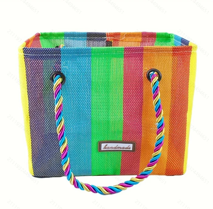 Rainbow woven mesh bath bag portable bath basket folding bath basket Fitness bath bag toiletry bag one package