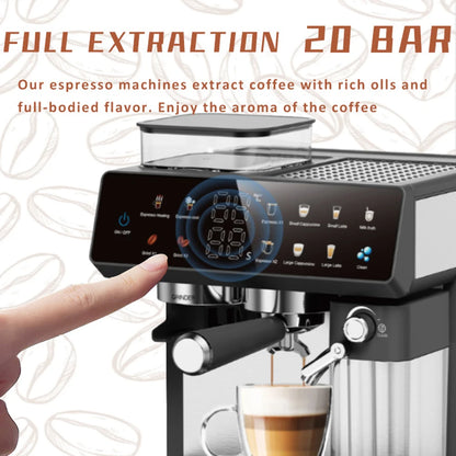 Espresso and Cappuccino Coffee Machine - 20 Bar Double Boiler Latte Coffee Maker, 4 in 1 Multifunction with LED Touch Controls