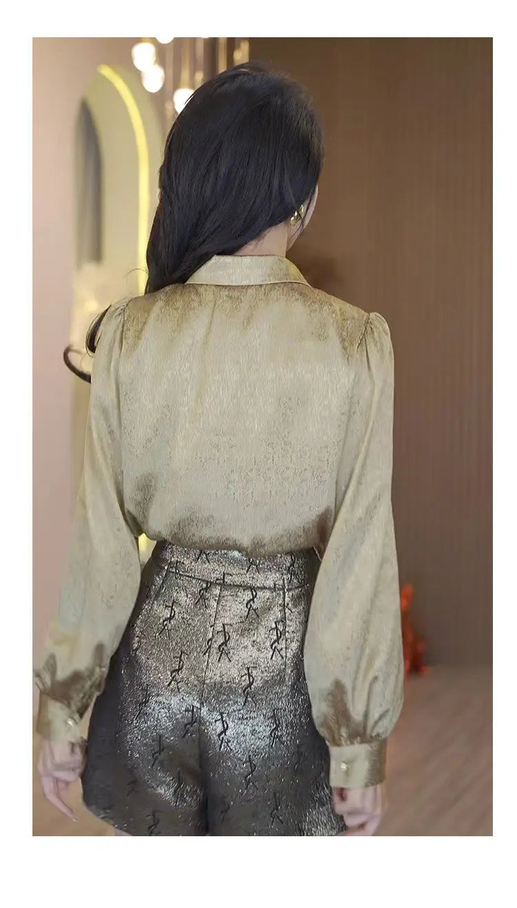 Office Lady Elegant Ruffles Patchwork Shirt Spring Autumn Fashion Sequined Female Clothing Lapel Commute Single-breasted Blouse