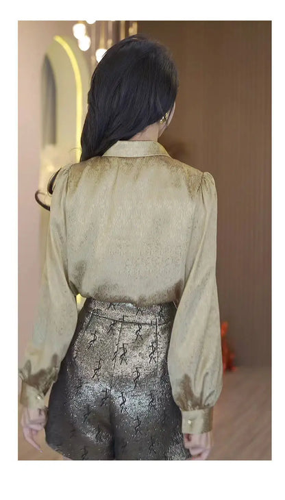 Office Lady Elegant Ruffles Patchwork Shirt Spring Autumn Fashion Sequined Female Clothing Lapel Commute Single-breasted Blouse