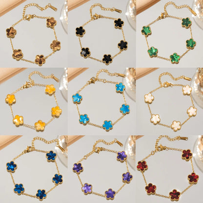 Double Sided Five-Leaf Flower Bracelet For Women Adjustable 18k Plated Gold Stainless Steel Five Point Star Clover Party Jewelry