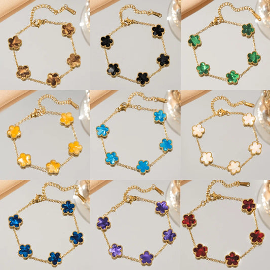 Double Sided Five-Leaf Flower Bracelet For Women Adjustable 18k Plated Gold Stainless Steel Five Point Star Clover Party Jewelry