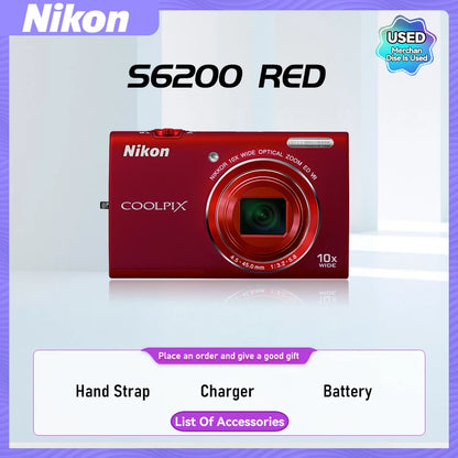 Nikon COOLPIX S6000 S6100 S6200 Portable Small Card Digital Camera 10X Optical Zoom Lens 16.00MP 720P HD Video Cameras（Used）