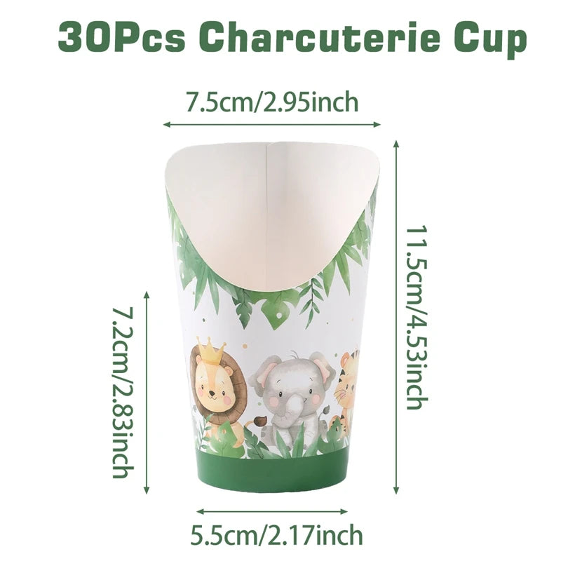 30PCS Jungle Animal Disposable Kraft Paper Slant Snack Cups Kraft Paper Slant Cups Snack Baking Cakes French Fries Containers