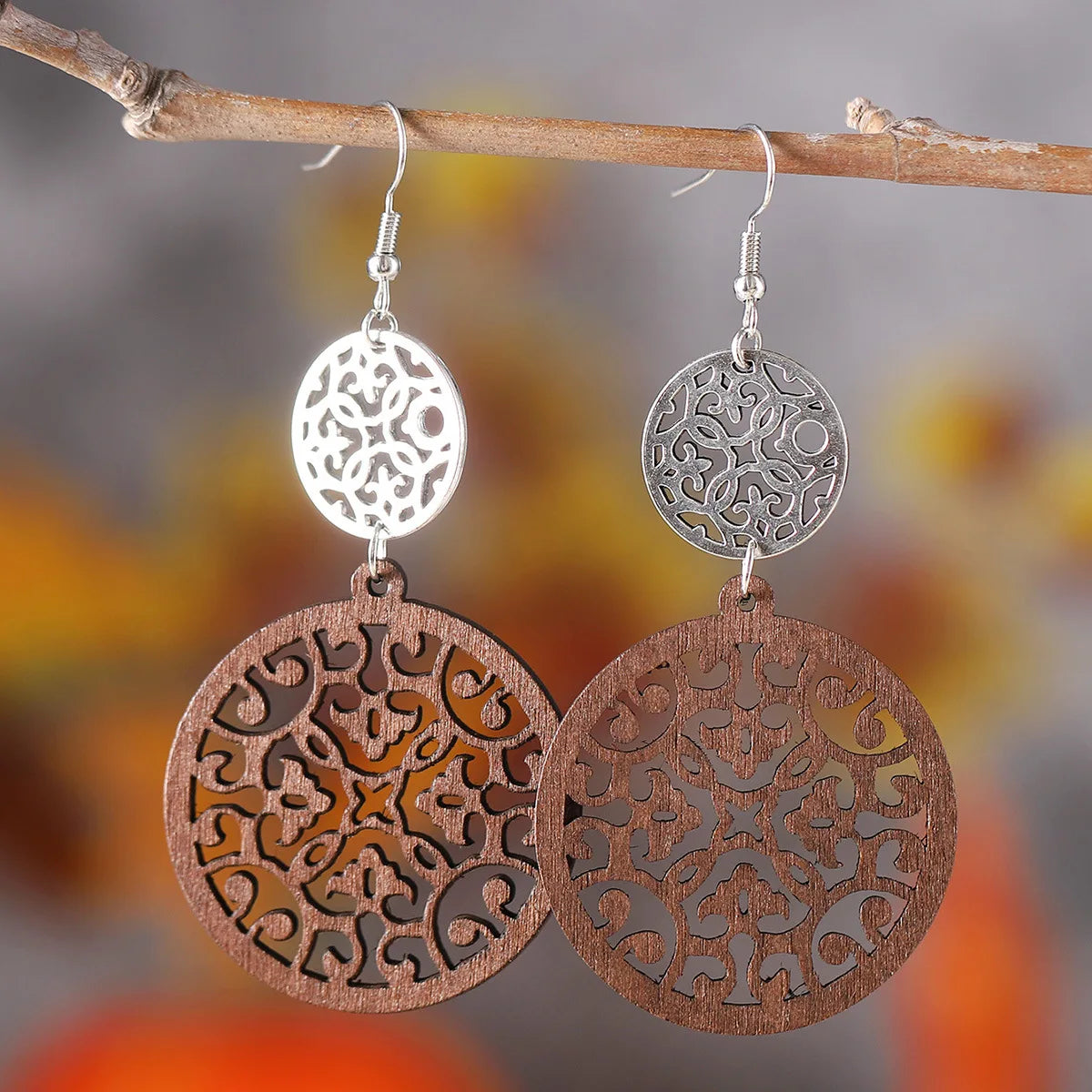 New Bohemian Earrings Autumn Leaf Disc Splicing Wooden Earrings Double sided Fashion Earrings Gift