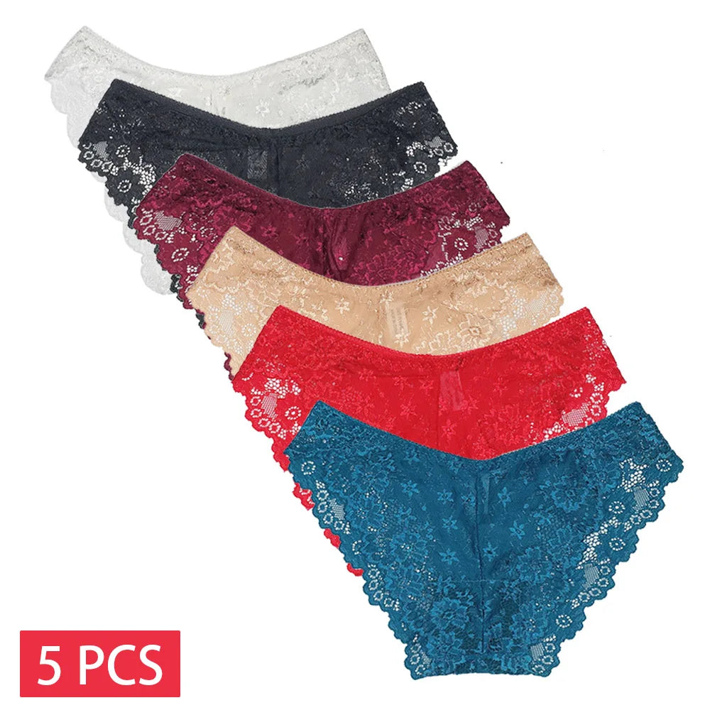 5 PCS/Set Sexy Ladies Transparent Lace Lingerie Panties Woman Cotton Crotch Solid Color Briefs Underwear