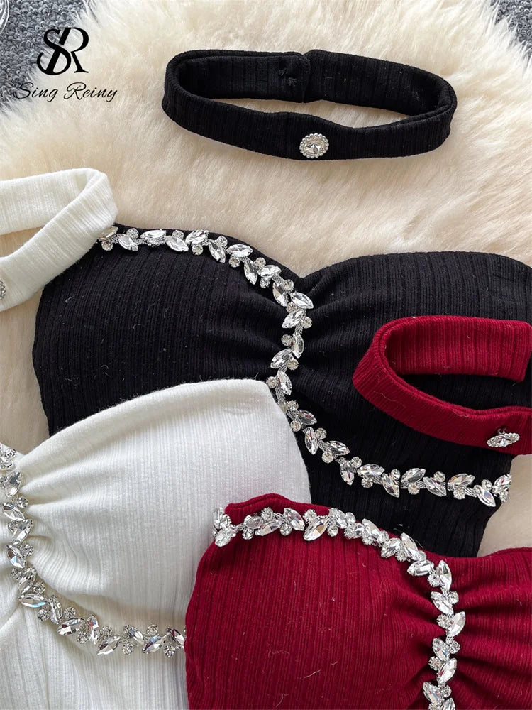 SINGREINY Strapless Sexy Ladies Top Summer Halter Beading Design Split Camisole Korean Skinny Streetwear Hotsweet Tank Top